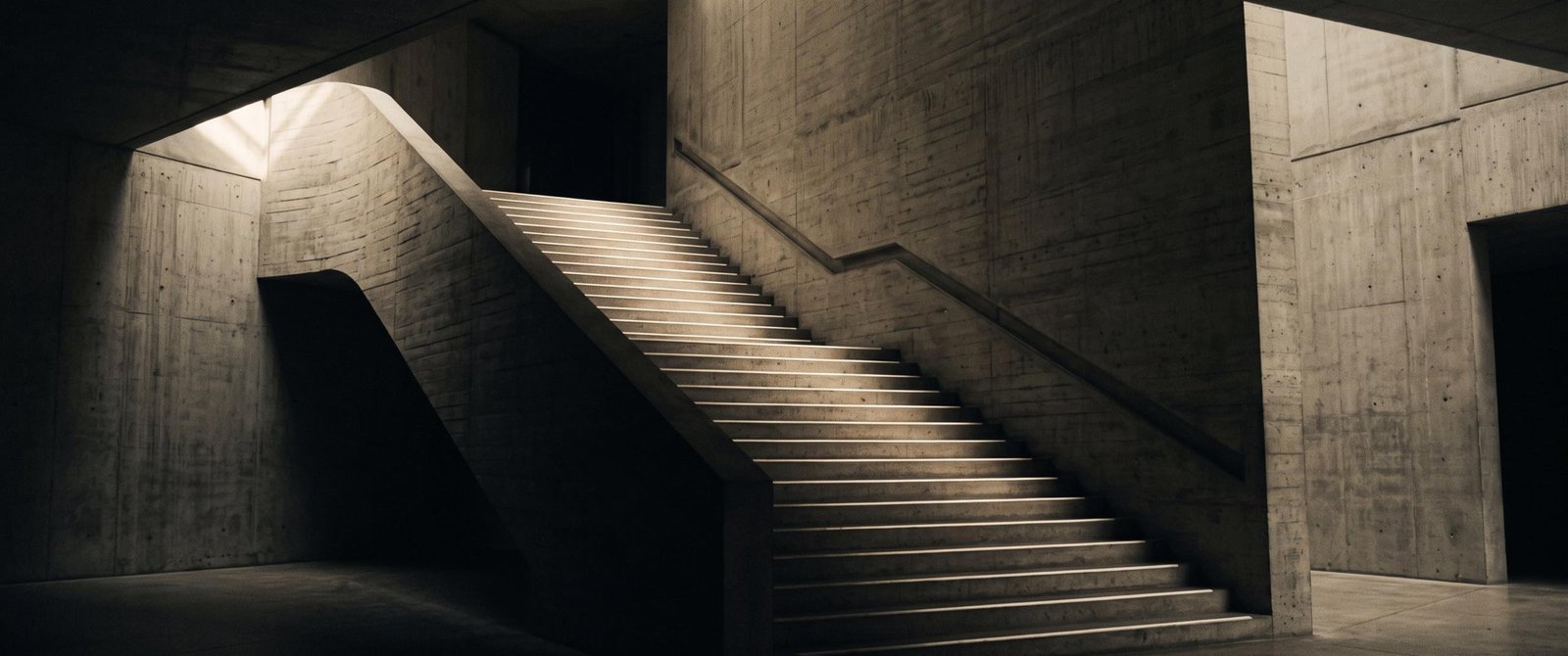 Escadaria monolítica de concreto, com luz rasante marcando cada degrau