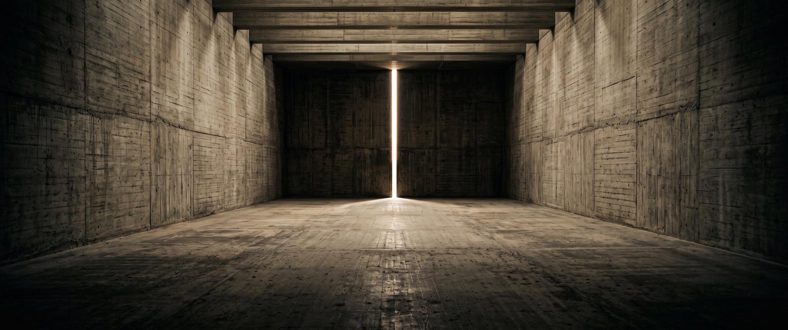 Salão vazio de concreto, com uma fresta vertical de luz na parede ao fundo